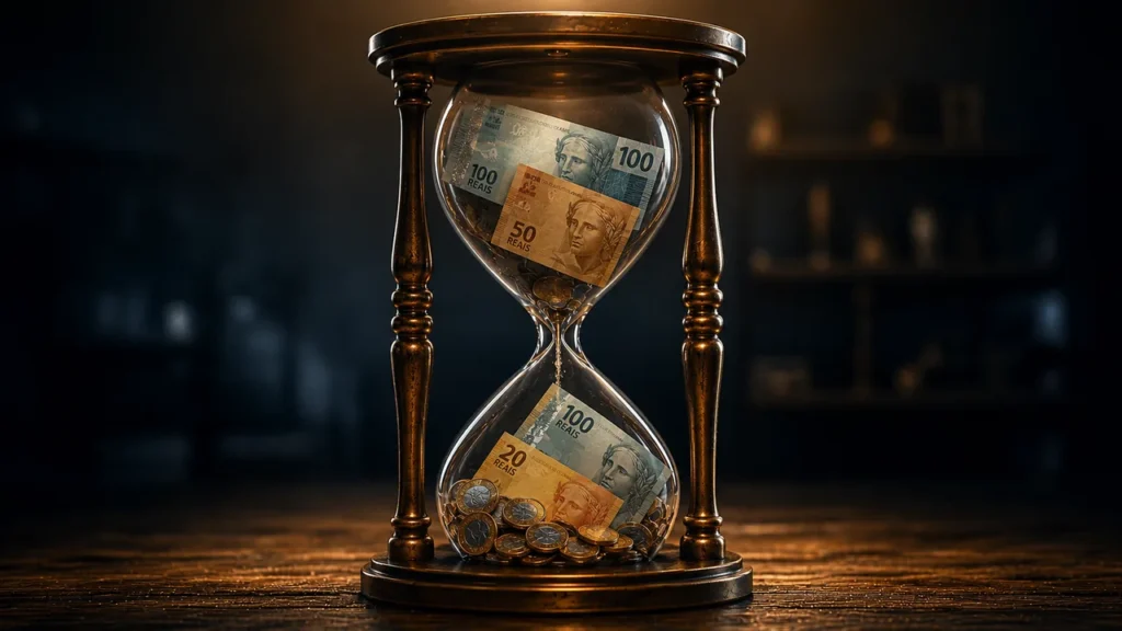 Quanto Vale uma Hora de Trabalho no Brasil? Faça a Conta Ampulheta antiga com notas e moedas de Real caindo como areia, simbolizando a relação entre tempo e dinheiro.