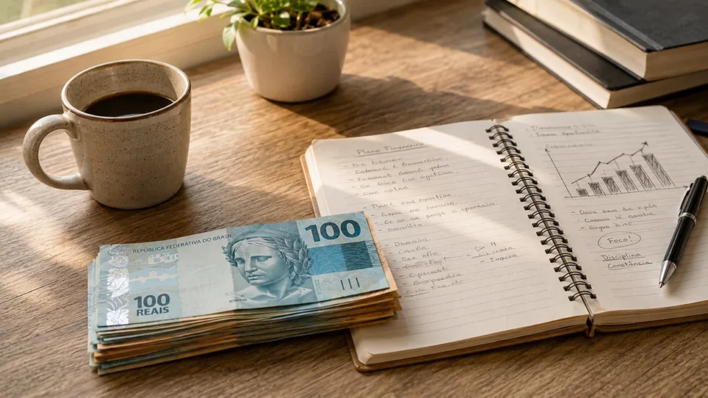O Real Vai Acabar? A História das Moedas Brasileiras Revela o Que Realmente Está em Jogo Caderno de planejamento financeiro aberto ao lado de um maço de cédulas de Real e uma xícara de café, com gráfico desenhado à mão mostrando crescimento de patrimônio