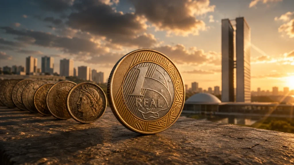 O Real Vai Acabar? A História das Moedas Brasileiras Revela o Que Realmente Está em Jogo Fileira de moedas brasileiras em ordem crescente de tamanho, terminando na moeda atual de 1 Real, com o Congresso Nacional ao fundo em Brasília durante o pôr do sol, remetendo à evolução histórica e institucional da moeda.