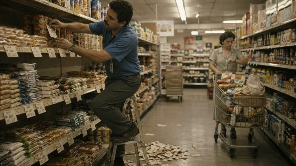 O Real Vai Acabar? A História das Moedas Brasileiras Revela o Que Realmente Está em Jogo Funcionário de supermercado troca etiquetas de preço às pressas em prateleira lotada, enquanto cliente com carrinho cheio passa ao fundo, remetendo à hiperinflação brasileira