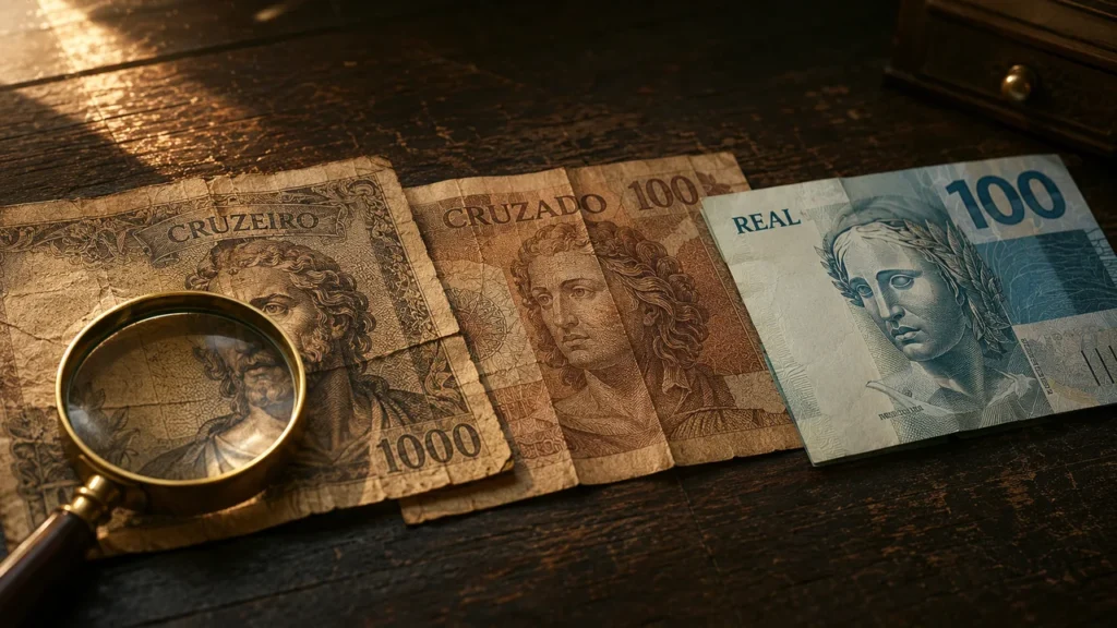 O Real Vai Acabar? A História das Moedas Brasileiras Revela o Que Realmente Está em Jogo Lupa de latão sobre cédulas antigas de cruzeiro e cruzado ao lado de uma nota atual de Real, simbolizando a sequência histórica de moedas brasileiras