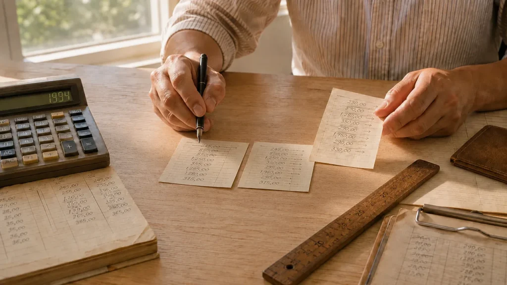 O Real Vai Acabar? A História das Moedas Brasileiras Revela o Que Realmente Está em Jogo Mãos organizando fichas de papel com valores reescritos ao lado de uma régua de madeira e calculadora, remetendo à URV e à reorganização de preços do Plano Real.