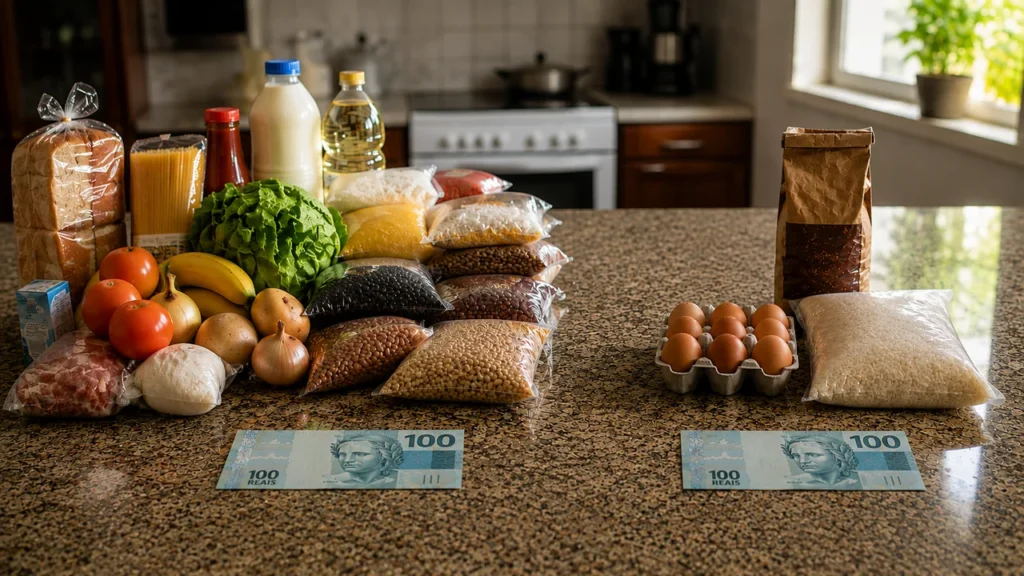 O Real Vai Acabar? A História das Moedas Brasileiras Revela o Que Realmente Está em Jogo Duas cédulas de R$ 100 lado a lado sobre uma bancada de cozinha, cada uma ao lado de uma quantidade diferente de mantimentos, ilustrando a perda de poder de compra ao longo do tempo