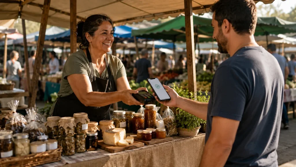 Reforma tributária: autônomo vai precisar de CNPJ em 2027? Vendedora ambulante autônoma atendendo cliente em feira de rua, recebendo pagamento por aproximação no celular, ilustrando o trabalho informal no Brasil.