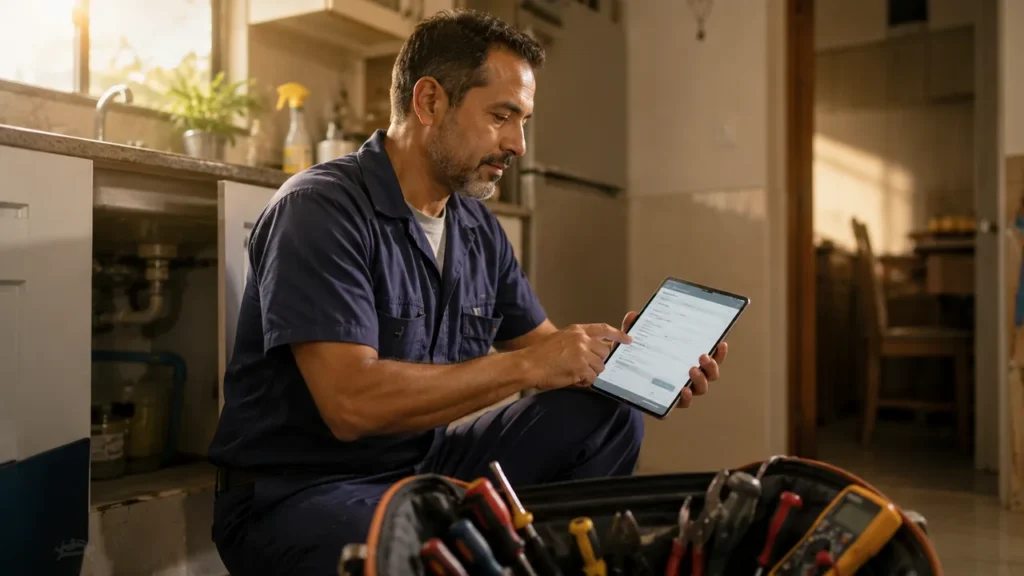 Reforma tributária: autônomo vai precisar de CNPJ em 2027? Eletricista autônomo consultando tablet com tela de emissão de nota fiscal eletrônica após concluir um serviço, com bolsa de ferramentas em primeiro plano.