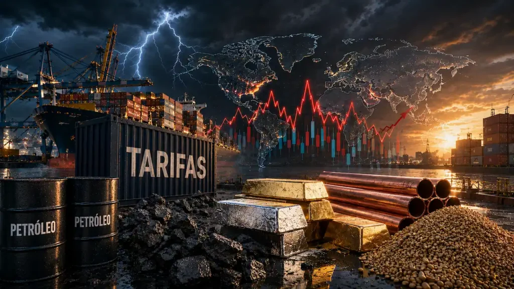 Porto com contêiner de tarifas, barris de petróleo, barras de metais e grãos sob gráfico de oscilação.
