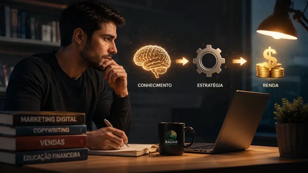 Não Sabe Transformar Conhecimento em Renda? Veja Como Jovem estuda em casa com esquema visual: Conhecimento leva à Estratégia e Renda.