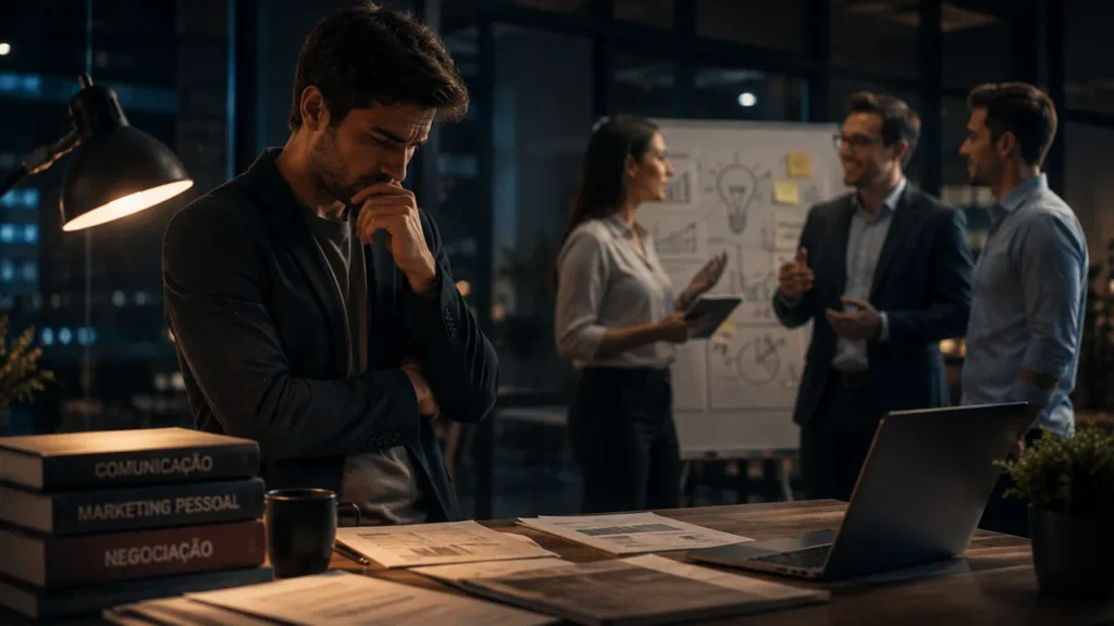 Não Sabe Transformar Conhecimento em Renda? Veja Como homem isolado em primeiro plano, enquanto o grupo conversa animado ao fundo perto do quadro