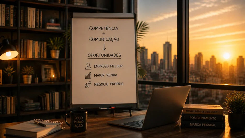 Não Sabe Transformar Conhecimento em Renda? Veja Como Quadro mostra competência mais comunicação levando a oportunidades: emprego melhor, maior renda ou negócio próprio