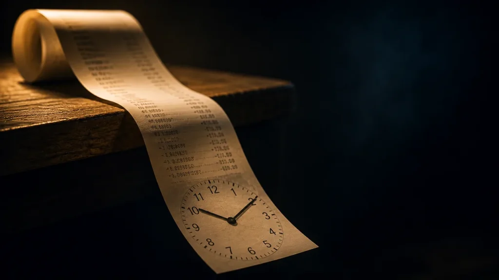 Quanto Vale uma Hora de Trabalho no Brasil? Faça a Conta Recibo de compra se desenrolando sobre uma mesa de madeira, com o final da nota impressa se transformando no mostrador de um relógio, representando o verdadeiro custo em tempo do consumo.