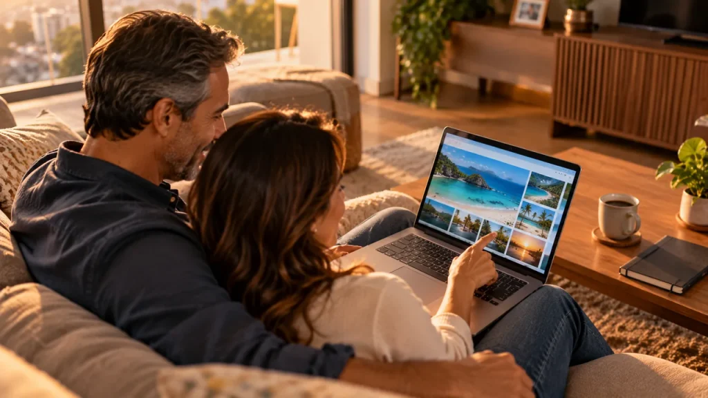 13º Salário: Não é Presente do Governo — Veja Como Usar o Seu Casal sentado no sofá de casa olhando fotos de um destino de viagem no notebook, planejando conscientemente o uso de parte do dinheiro