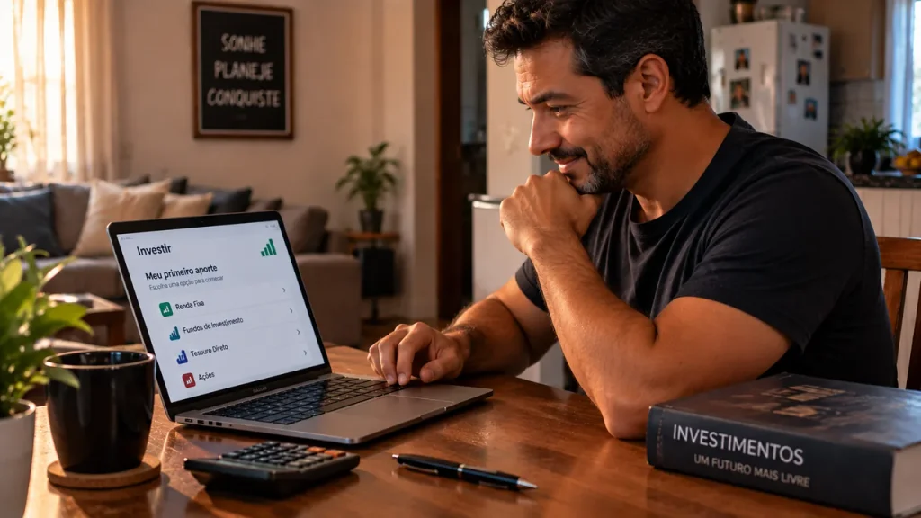 13º Salário: Não é Presente do Governo — Veja Como Usar o Seu Homem satisfeito analisando opções de investimento no notebook em casa, representando a decisão consciente sobre o que fazer com o 13º salário