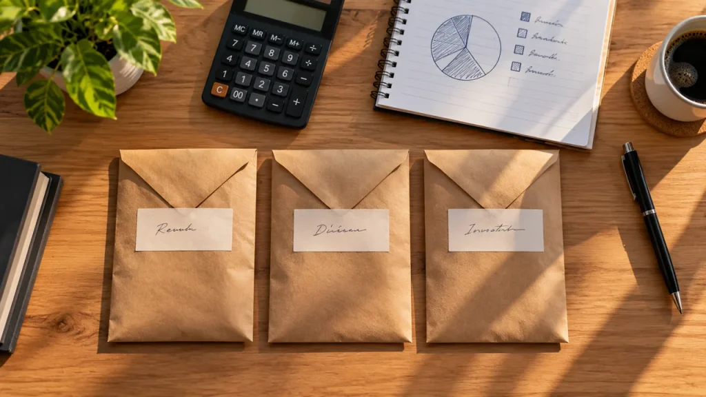 13º Salário: Não é Presente do Governo — Veja Como Usar o Seu Três envelopes de papel kraft organizados sobre uma mesa, ao lado de calculadora e caderno com gráfico de divisão financeira, representando o planejamento do 13º salário