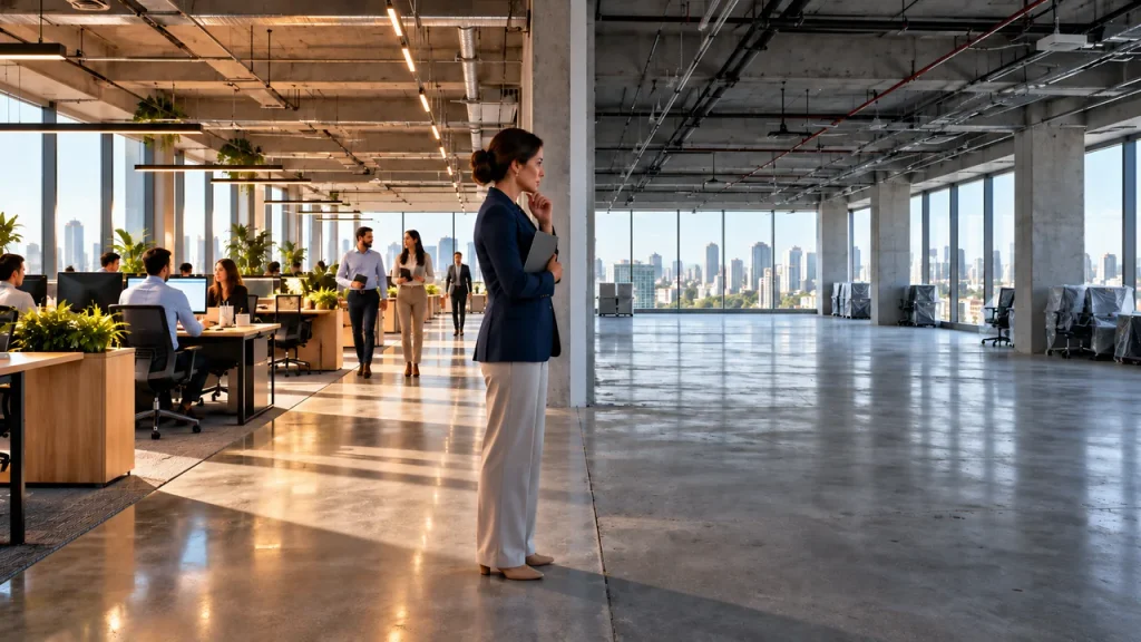 Fundos Imobiliários Valem a Pena? O Que 10 Anos Revelam Analista observa um andar de prédio comercial dividido entre uma área ocupada, com pessoas trabalhando, e uma área vazia, mostrando a vacância do imóvel.
