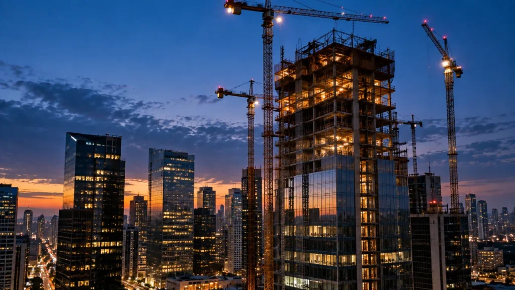 Canteiro de obras com prédio em construção e guindastes ao entardecer, representando o investimento estrangeiro entrando no Brasil