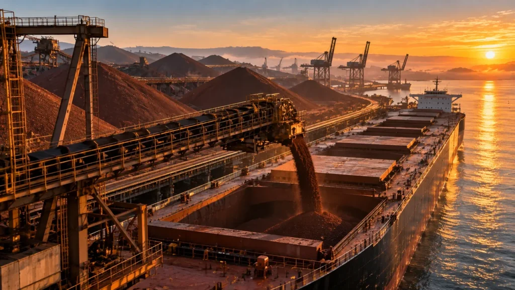 Navio graneleiro sendo carregado com minério de ferro em porto industrial ao amanhecer, ilustrando a exportação de commodities do Brasil
