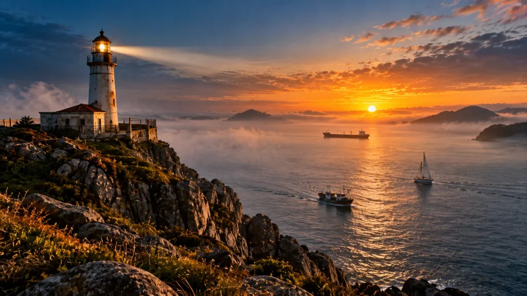 Farol em penhasco costeiro ao amanhecer, com feixe de luz cortando a neblina sobre o mar e três embarcações diferentes navegando na baía, simbolizando a visão de longo prazo do investidor além das manchetes do dia
