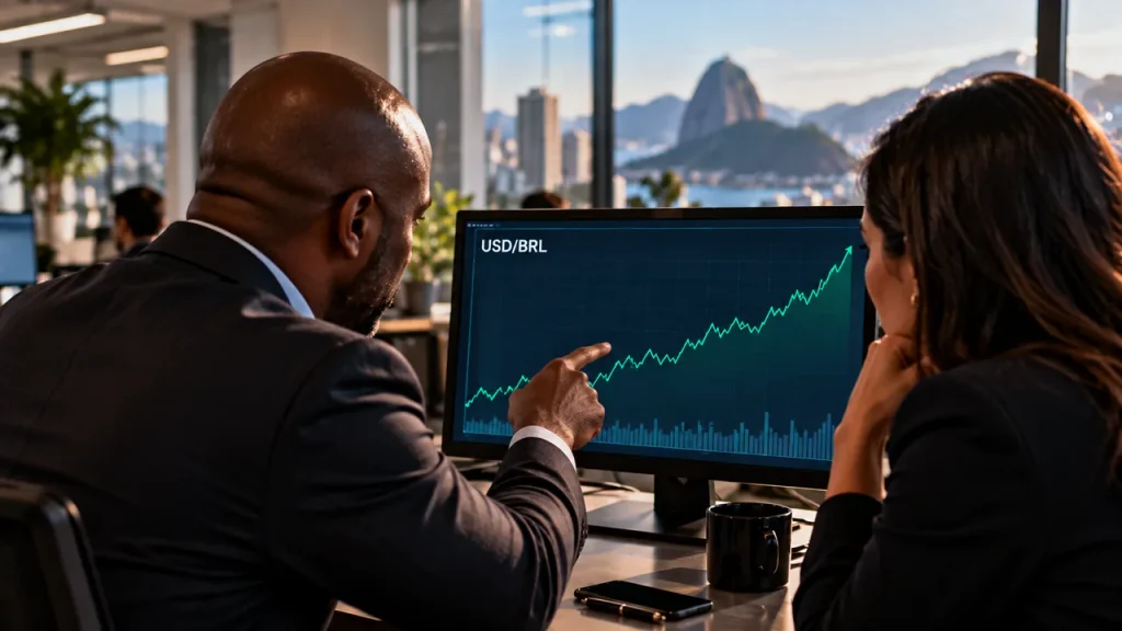 Fed Pode Subir Juros dos EUA em Setembro de 2026? Entenda Dois investidores analisando gráfico de alta da cotação do dólar frente ao real, com o Pão de Açúcar ao fundo, no Rio de Janeiro.