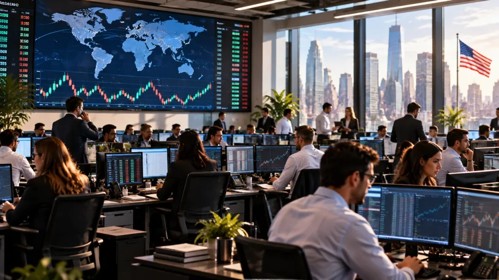 Fed Pode Subir Juros dos EUA em Setembro de 2026? Entenda Sala de operações movimentada com investidores acompanhando gráficos e mapa-múndi em telão, ilustrando a reação dos mercados globais a uma possível alta de juros do Fed.