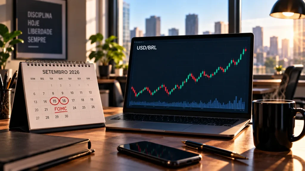 Fed Pode Subir Juros dos EUA em Setembro de 2026? Entenda Mesa de trabalho com calendário de setembro de 2026 marcando a reunião do FOMC nos dias 15 e 16, ao lado de notebook exibindo gráfico de câmbio em alta.
