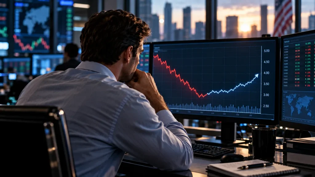 Fed Pode Subir Juros dos EUA em Setembro de 2026? Entenda Investidor analisando gráfico que muda de tendência de queda para alta em múltiplos monitores, representando a virada nas apostas do mercado sobre os juros dos EUA.