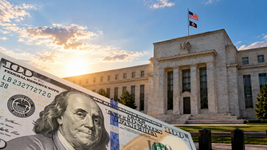 Fed Pode Subir Juros dos EUA em Setembro de 2026? Entenda Nota de US$ 100 em primeiro plano com a sede do Federal Reserve ao fundo, ao entardecer, ilustrando a decisão de juros dos EUA em setembro de 2026.
