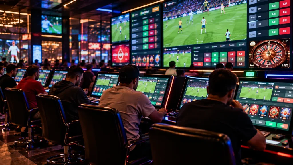 Fim das Bets no Brasil: O Que Muda nas Famílias, na Economia e no Futebol Apostadores concentrados diante de telas com jogos de futebol e cotações em uma casa de apostas iluminada por neon, ilustrando por que apostar não é investimento.