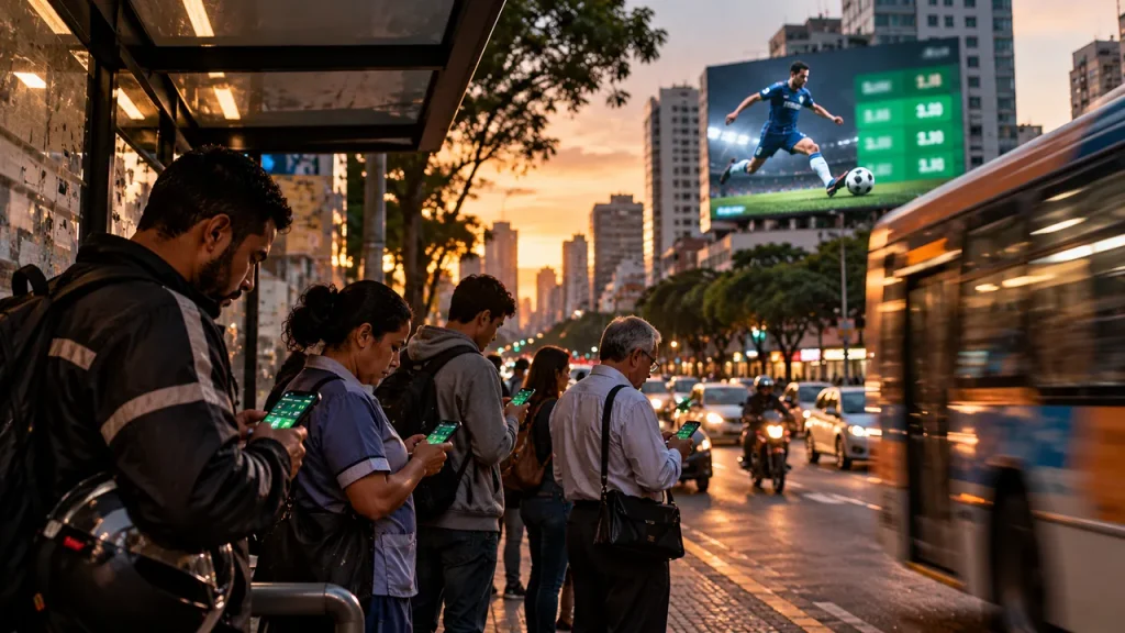 Fim das Bets no Brasil: O Que Muda nas Famílias, na Economia e no Futebol Trabalhadores em um ponto de ônibus olham aplicativos de apostas no celular enquanto um painel publicitário de futebol domina a avenida no fim da tarde.