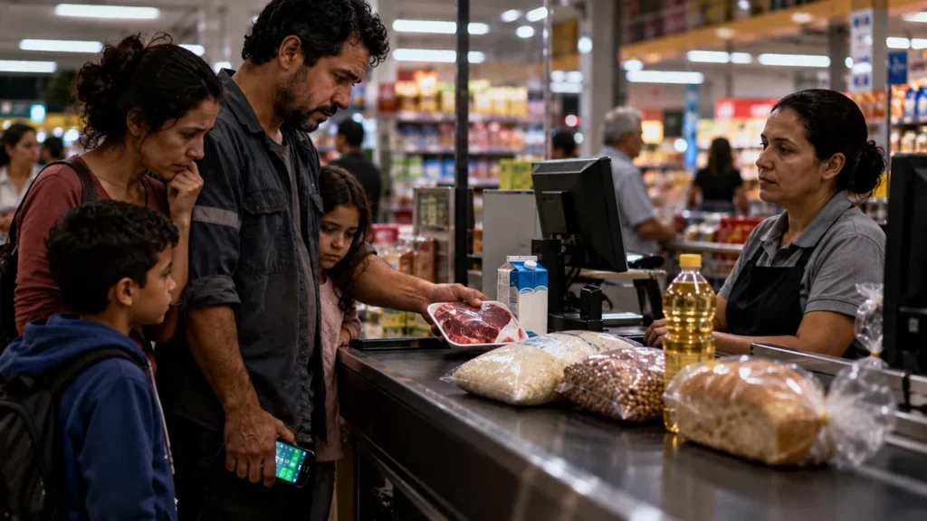 Fim das Bets no Brasil: O Que Muda nas Famílias, na Economia e no Futebol Pai devolve um pacote de carne no caixa do supermercado, com a família ao lado e o celular com aplicativo de apostas na mão, retratando o impacto das bets no orçamento familiar.