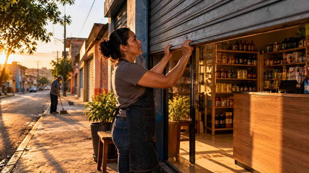 Fim das Bets no Brasil: O Que Muda nas Famílias, na Economia e no Futebol Mulher abre a porta de aço de sua pequena loja de bairro ao nascer do sol, simbolizando a construção de patrimônio com trabalho e negócio próprio.