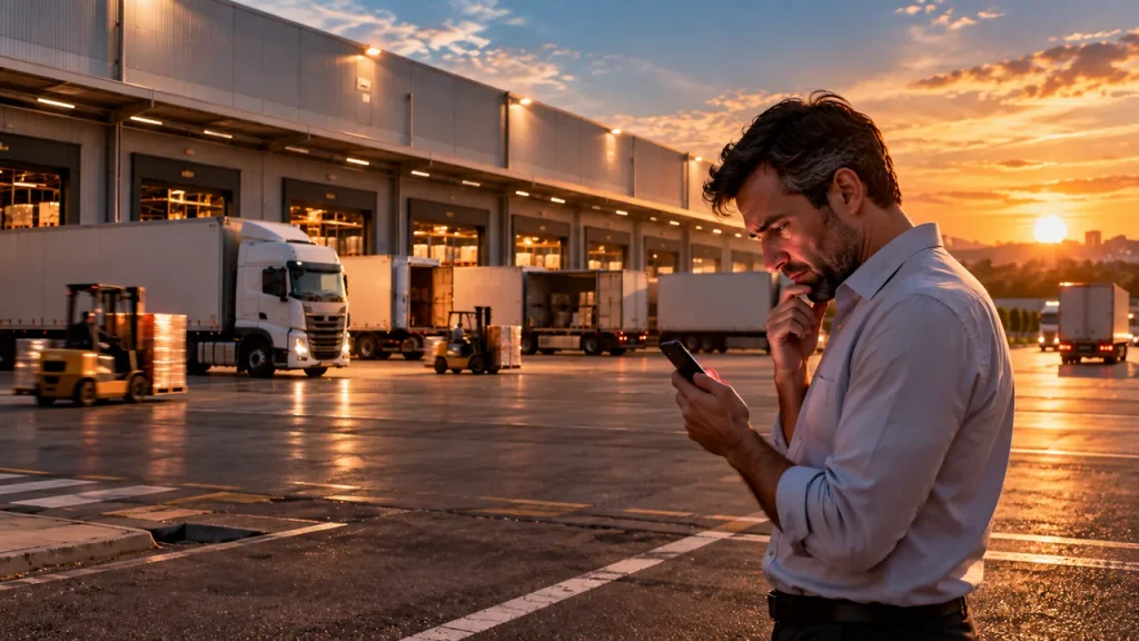 Fundos Imobiliários Valem a Pena? O Que 10 Anos Revelam Homem preocupado olhando o celular num pátio de galpões logísticos ao pôr do sol, sem perceber os caminhões e as empilhadeiras em plena atividade atrás dele.