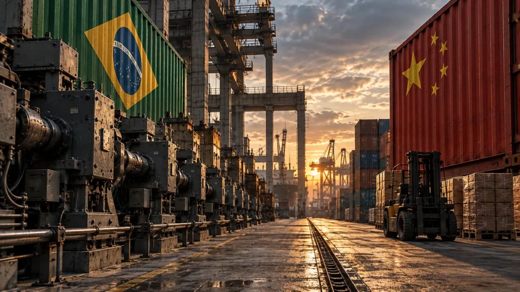 Indústria Brasileira Perde Força em 2026: China, Tarifaço dos EUA e Juros Altos Explicam a Queda Porto industrial ao pôr do sol com máquinas industriais ao lado de um contêiner com a bandeira do Brasil e, do outro lado, um contêiner com a bandeira da China, simbolizando a disputa comercial que pressiona a indústria brasileira.
