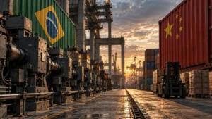 Porto industrial ao pôr do sol com máquinas industriais ao lado de um contêiner com a bandeira do Brasil e, do outro lado, um contêiner com a bandeira da China, simbolizando a disputa comercial que pressiona a indústria brasileira.