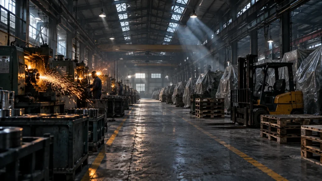 Indústria Brasileira Perde Força em 2026: China, Tarifaço dos EUA e Juros Altos Explicam a Queda Galpão de fábrica com apenas algumas máquinas funcionando e soltando faíscas, enquanto a maior parte dos equipamentos está parada e coberta por lonas, mostrando a capacidade ociosa da indústria brasileira.