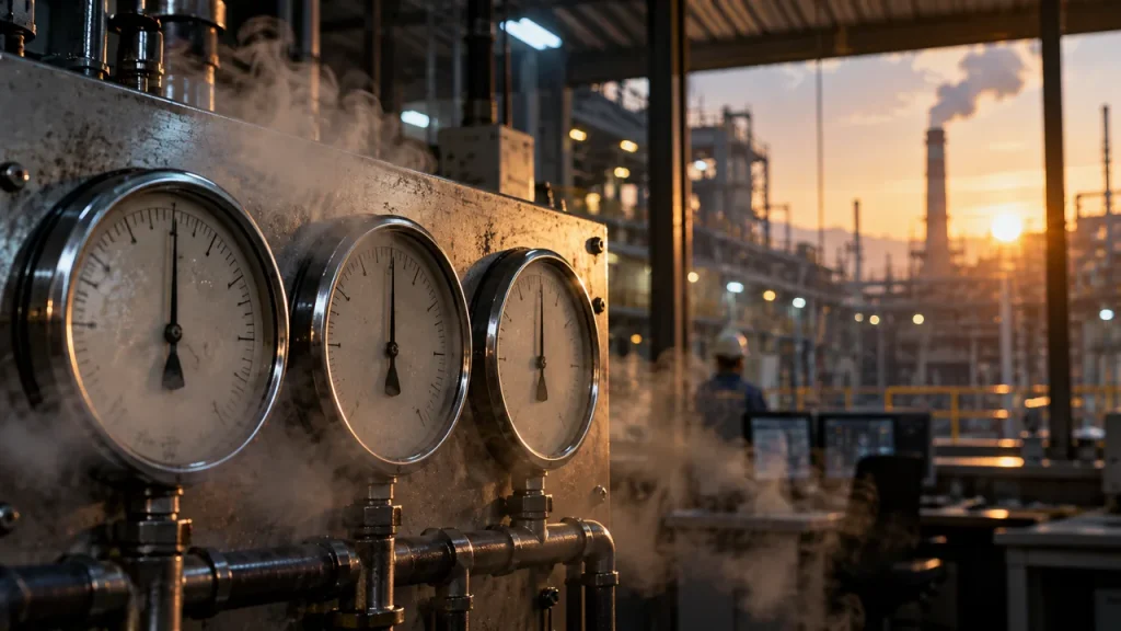 Indústria Brasileira Perde Força em 2026: China, Tarifaço dos EUA e Juros Altos Explicam a Queda Três manômetros industriais com os ponteiros no meio da escala, envoltos em vapor, com uma fábrica ao amanhecer ao fundo, representando os indicadores que vão mostrar o rumo da indústria brasileira.