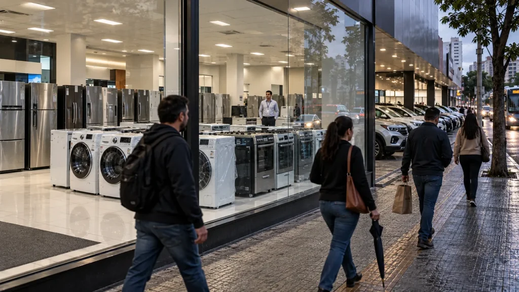 Indústria Brasileira Perde Força em 2026: China, Tarifaço dos EUA e Juros Altos Explicam a Queda Pedestres passando em frente à vitrine de uma loja de eletrodomésticos vazia de clientes, com um vendedor parado ao fundo, retratando o consumo travado pelos juros altos no Brasil.