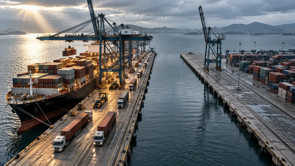 Indústria Brasileira Perde Força em 2026: China, Tarifaço dos EUA e Juros Altos Explicam a Queda Vista aérea de um porto brasileiro com um navio cargueiro sendo descarregado de um lado e, do outro, um pátio de exportação cheio de contêineres parados ao lado de um cais vazio, ilustrando o impacto do tarifaço dos Estados Unidos.