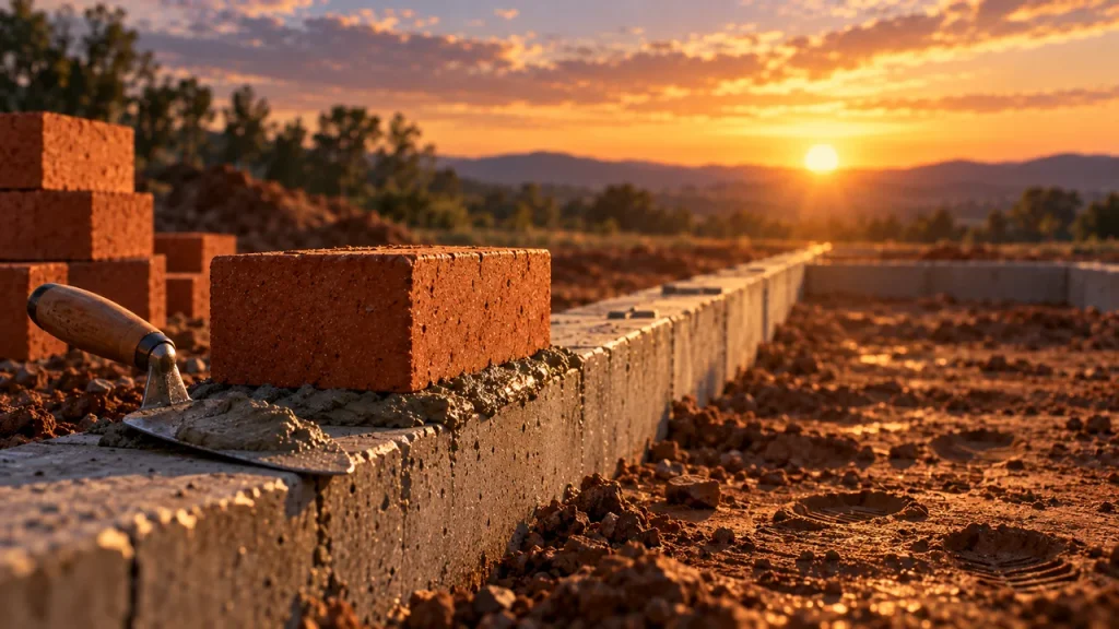 O Efeito Juros Compostos da vida: Como 1% Muda Seu Futuro Still life de um tijolo recém-assentado sobre uma fundação vazia ao amanhecer, com uma colher de pedreiro com argamassa fresca ao lado, simbolizando o início de uma grande construção a partir de uma pequena decisão