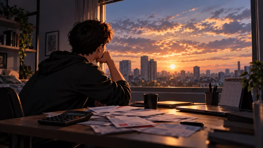 O Efeito Juros Compostos da vida: Como 1% Muda Seu Futuro Pessoa sentada à mesa observando contas e calculadora enquanto contempla o pôr do sol na cidade, refletindo a espera pelo momento financeiro ideal que nunca chega