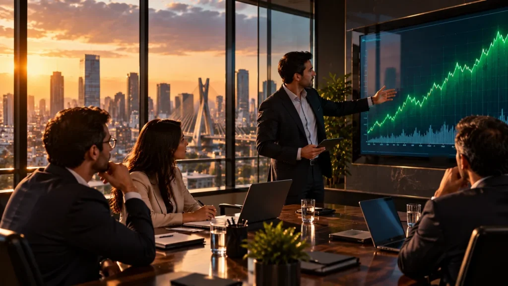 Executivo apresentando um gráfico de mercado em alta numa tela grande durante reunião, com o horizonte de São Paulo ao pôr do sol visível pela janela, ilustrando o cenário de recuperação econômica com ajuste fiscal.