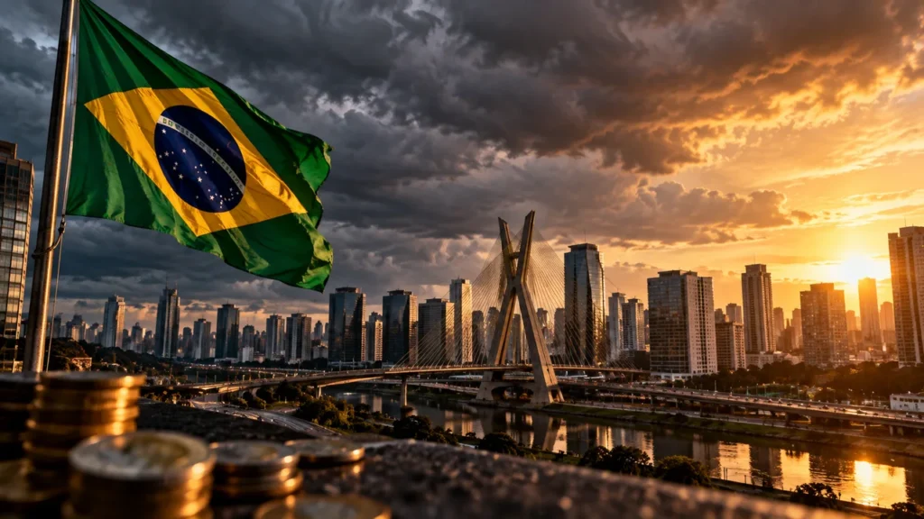 Bandeira do Brasil hasteada ao vento com a Ponte Estaiada e o horizonte de São Paulo ao fundo, céu dividido entre nuvens de tempestade e luz dourada do pôr do sol, simbolizando os dois futuros possíveis para a economia brasileira
