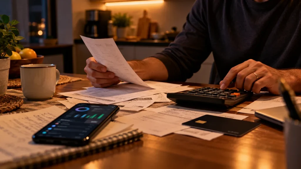 Pessoa organizando contas e usando uma calculadora numa mesa de cozinha, com celular mostrando um aplicativo financeiro por perto, ilustrando o impacto das decisões econômicas no orçamento doméstico.