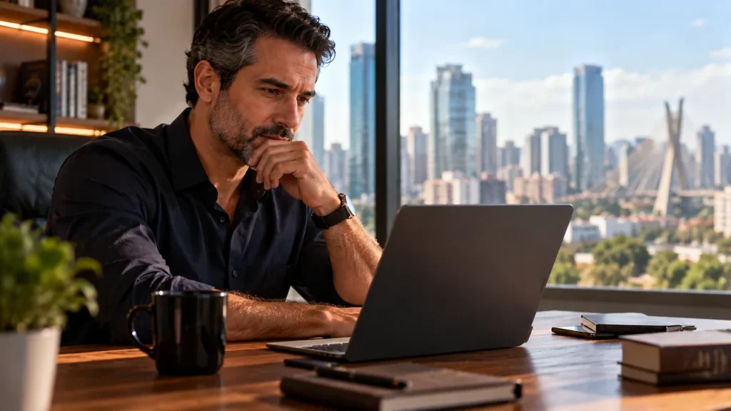 Investidor sentado em um escritório analisando dados no notebook, com o horizonte de São Paulo ao fundo, representando a busca por oportunidades na Bolsa de Valores em um cenário de incerteza.