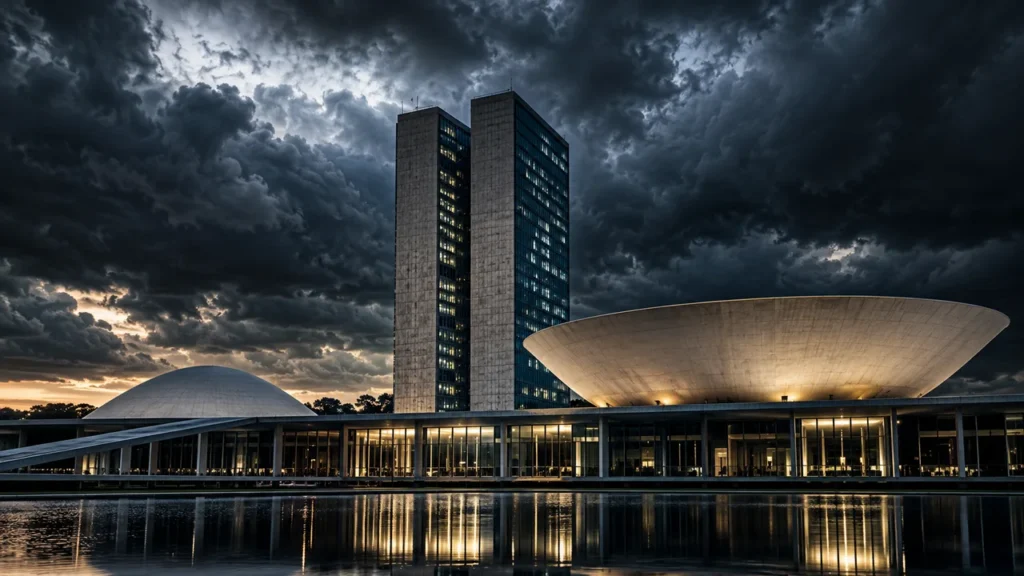 Vista noturna dramática do Congresso Nacional em Brasília sob céu tomado por nuvens pesadas de tempestade, simbolizando o peso histórico da situação fiscal brasileira.