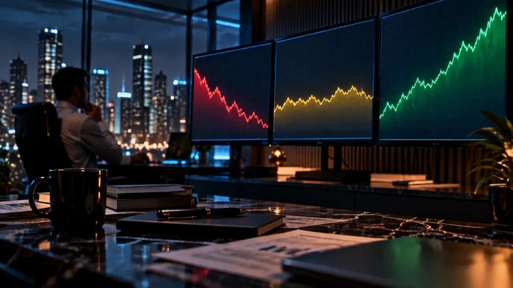 Três monitores lado a lado mostrando gráficos de mercado em queda, estável e em alta, com um analista financeiro observando de costas em um escritório à noite, representando os três cenários econômicos projetados pelo Morgan Stanley.
