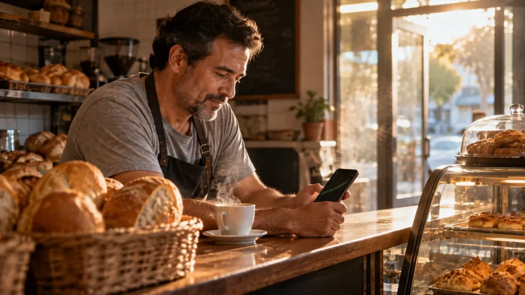 Dono de padaria olhando o celular com gráfico de investimentos no balcão pela manhã, representando o pequeno investidor brasileiro