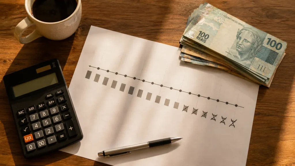 Linha do tempo de um financiamento sendo reduzida através de amortização antecipada