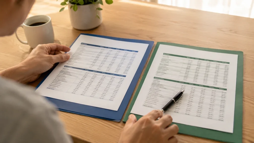 Mãos comparando duas simulações de financiamento imobiliário antes de escolher a melhor opção