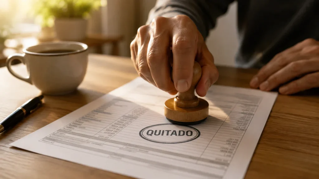 Documento de financiamento imobiliário carimbado como quitado, representando a conquista da liberdade financeira