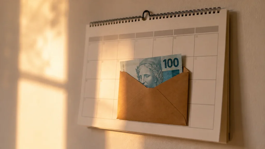 Envelope com parte do 13º salário separado no calendário para amortizar o financiamento